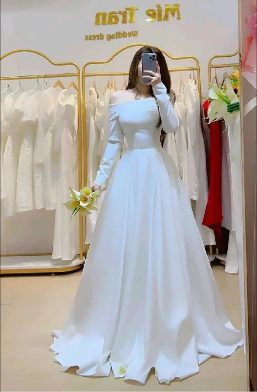 White Off Shoulder Evening Dresses Long Prom Party Gown     S6903