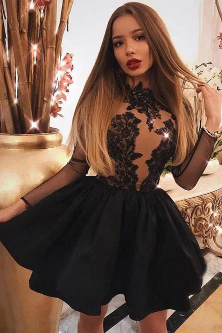 A Line Jewel Long Sleeve Black Above Knee Homecoming Dress with Appliques WK890