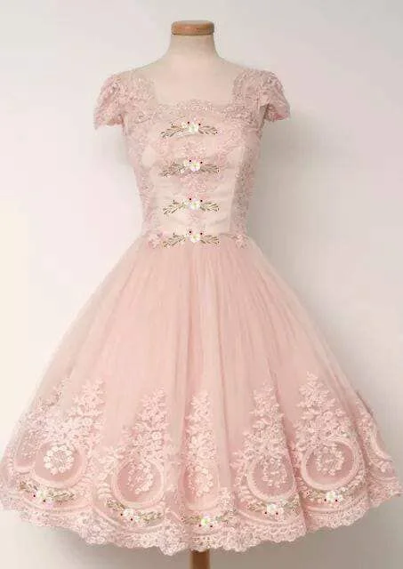 Cap Sleeve Pink Lace Homecoming Dress, Tulle A-Line Homecoming Dress    S6969