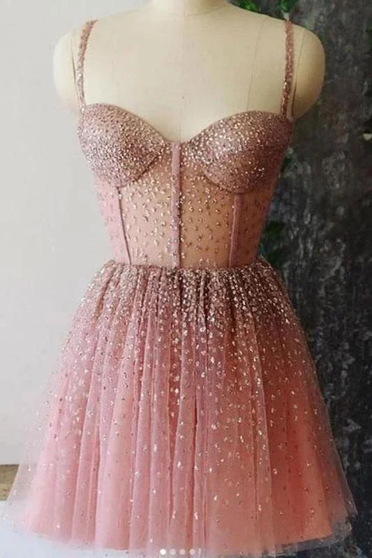 A Line Spaghetti Straps Sweetheart Tulle Beads Homecoming Dresses Short Prom Dresses H1306 A Line Spaghetti Straps Sweetheart Tulle Beads Homecoming Dresses Short Prom Dresses H1306