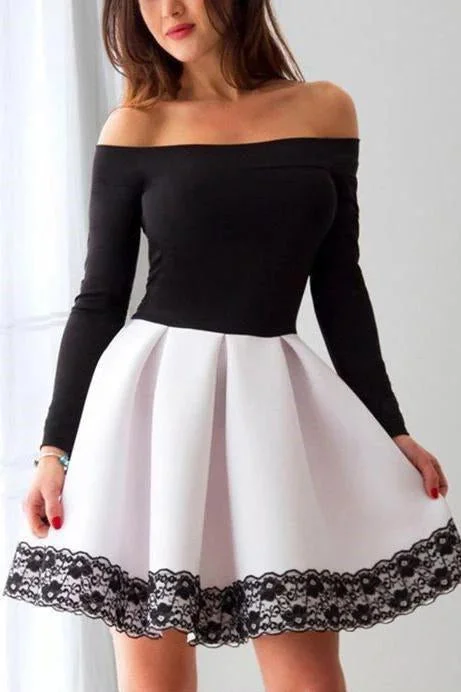 A Line Black and White Off the Shoulder Long Sleeve Short Homecoming Dresses with Lace H1311 A Line Black and White Off the Shoulder Long Sleeve Short Homecoming Dresses with Lace H1311