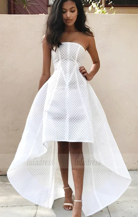 Elegant White Strapless High Low Sleeveless A-line Prom Dress