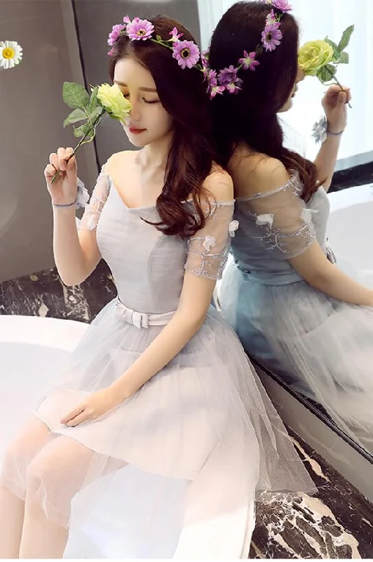 A Line Tulle Short Sleeves Off the Shoulder Gray Lace up Sweetheart Homecoming Dresses WK897 A Line Tulle Short Sleeves Off the Shoulder Gray Lace up Sweetheart Homecoming Dresses WK897