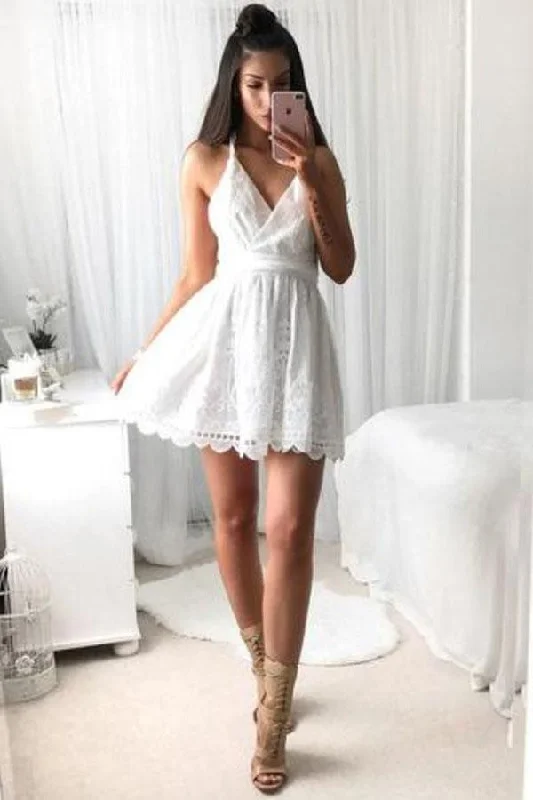 A Line V Neck Spaghetti Strap Short Lace White With Criss-Cross Mini Homecoming Dress WK590 A Line V Neck Spaghetti Strap Short Lace White With Criss-Cross Mini Homecoming Dress WK590