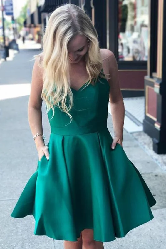 A Line Green Spaghetti Straps V Neck Satin Open Back Homecoming Dresses with Pockets H1299 A Line Green Spaghetti Straps V Neck Satin Open Back Homecoming Dresses with Pockets H1299