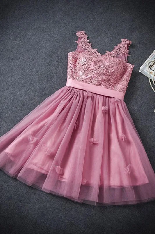 A Line Tulle Lace Appliques Lace up V Neck Pink Short Prom Dresses Homecoming Dresses WK906 A Line Tulle Lace Appliques Lace up V Neck Pink Short Prom Dresses Homecoming Dresses WK906