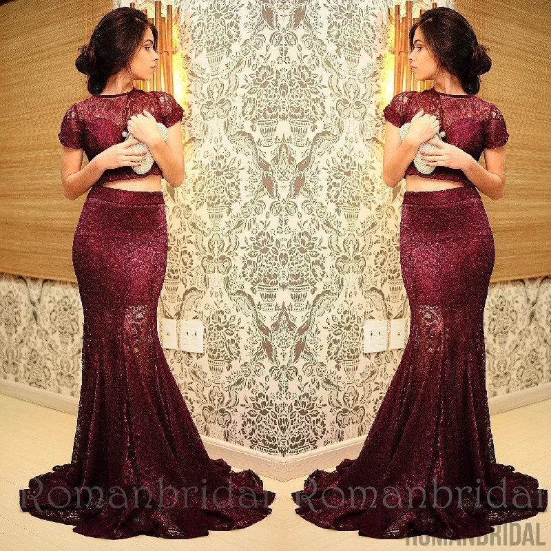 Charming Maroon Two Pieces Prom Dresses Short Sleeves Sheer Lace Sexy Burgundy Mermaid Evening Gowns, Prom Dresses, PD0482