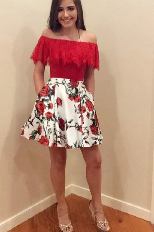 A Line Red Lace Off the Shoulder Floral Above Knee Homecoming Dresses with Pockets H1007 A Line Red Lace Off the Shoulder Floral Above Knee Homecoming Dresses with Pockets H1007