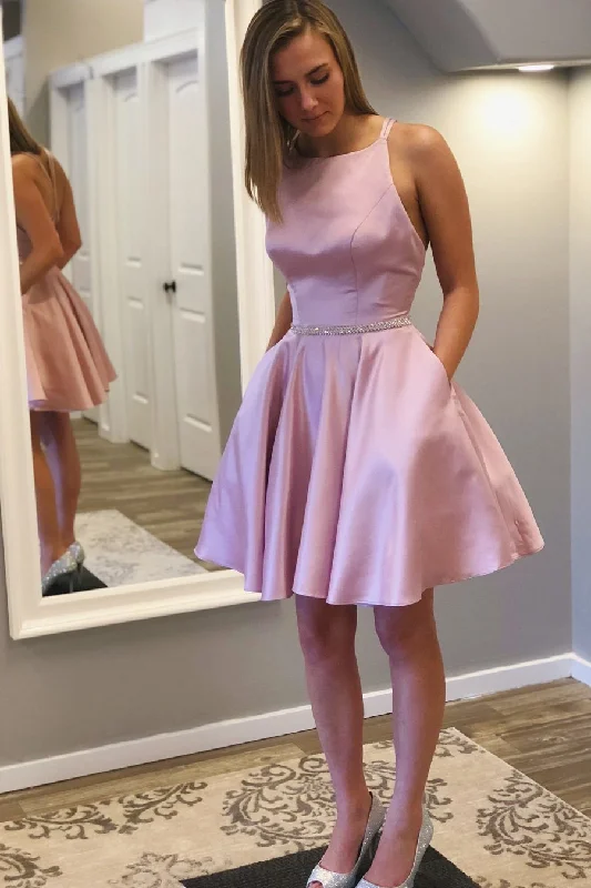 A line Round Neck Criss-Cross Straps Short Homecoming Dress with Beads Pockets H1290 A line Round Neck Criss-Cross Straps Short Homecoming Dress with Beads Pockets H1290