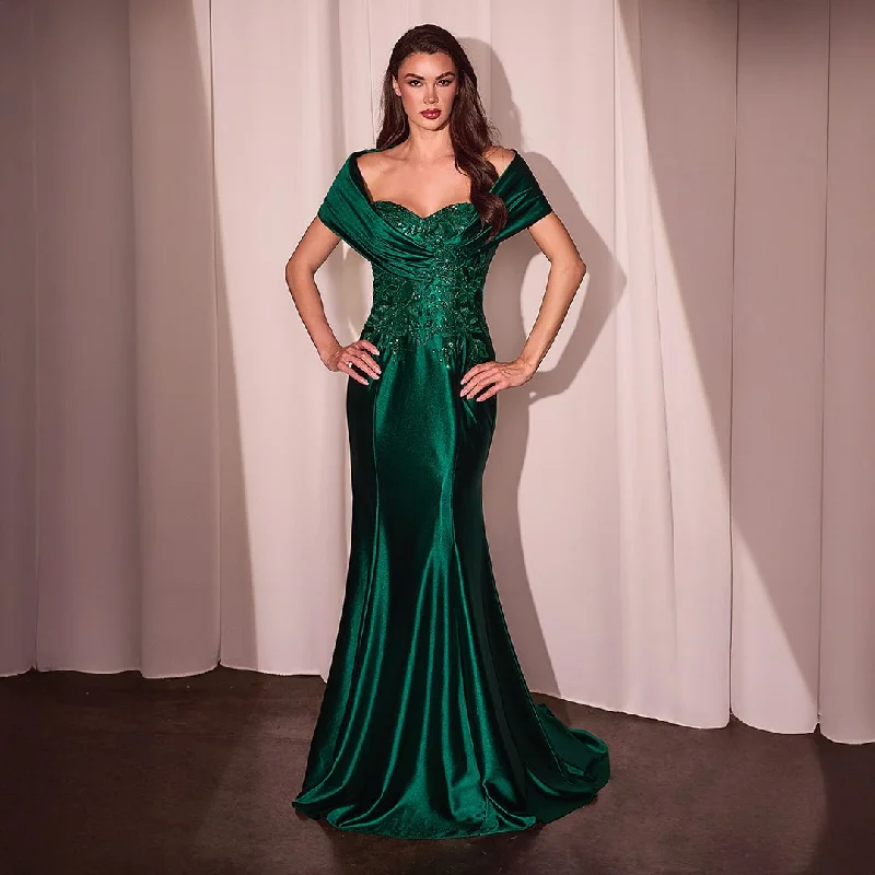 Cinderella Divine Emerald Satin Off Shoulder Mermaid Prom Dress
