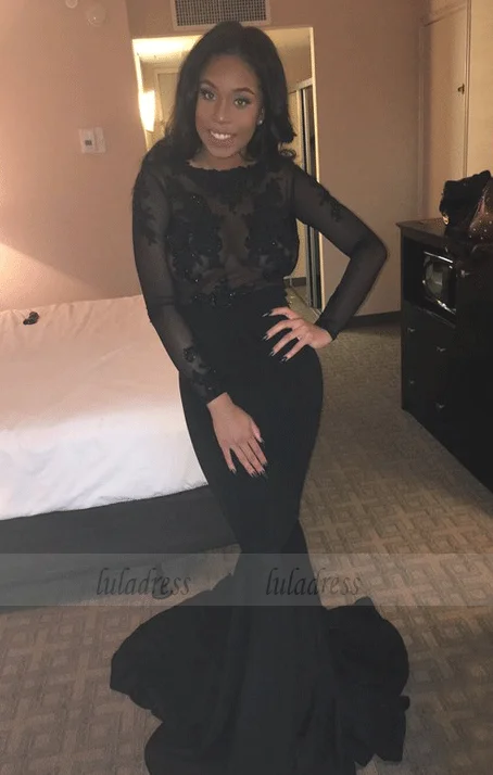 Lace Backless Black Prom Dress Sexy Long Sleeves Mermaid Evening Gown