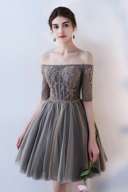 A Line Half Sleeves Gray Off the Shoulder Homecoming Dresses Short Prom Dresses H1135 A Line Half Sleeves Gray Off the Shoulder Homecoming Dresses Short Prom Dresses H1135
