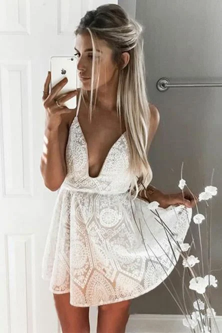 A Line Spaghetti Straps Backless V Neck Short White Above Knee Lace Homecoming Dress H1021 A Line Spaghetti Straps Backless V Neck Short White Above Knee Lace Homecoming Dress H1021