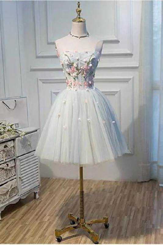 A Line Strapless Light Blue Lace up Homecoming Dress Flower Applique Short Prom Dresses WK730 A Line Strapless Light Blue Lace up Homecoming Dress Flower Applique Short Prom Dresses WK730