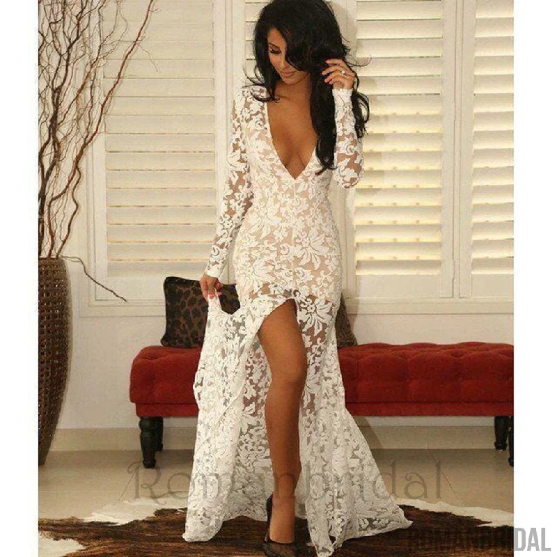 New Arrival Sheer Mermaid Plunging Neck Long Sleeves Front Split Illusion Lace Prom Dresses, PD0483 New Arrival Sheer Mermaid Plunging Neck Long Sleeves Front Split Illusion Lace Prom Dresses, PD0483
