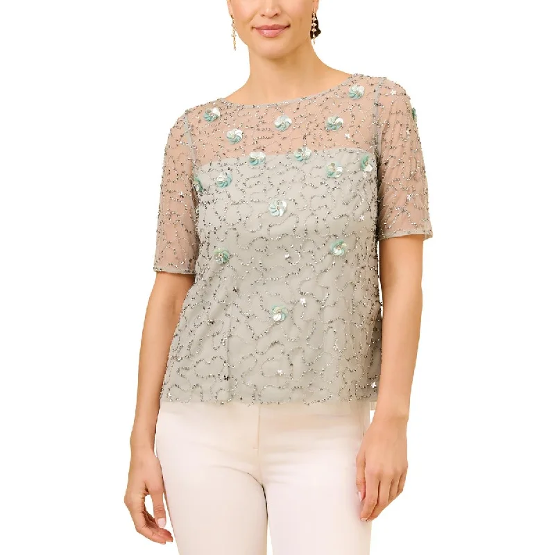 Adrianna Papell Womens Embellished Boat Neck Blouse Bell Sleeve Blouse