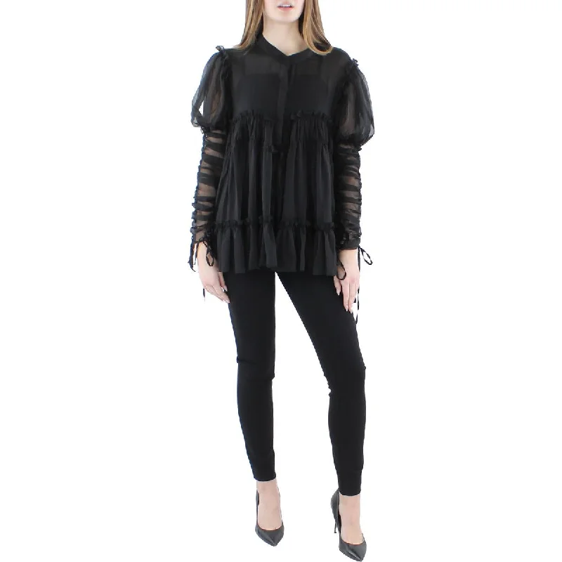 Beulah Womens Juniors Chiffon Button Front Blouse Feminine Ruffle Blouse