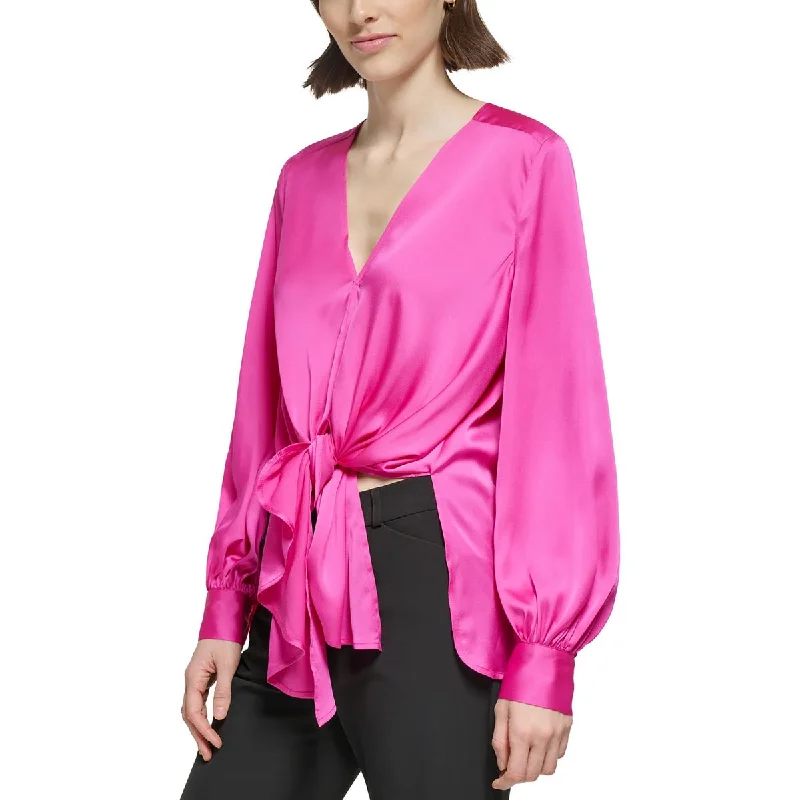 Donna Karan Womens Solid Polyester Blouse Textured Cotton Blouse