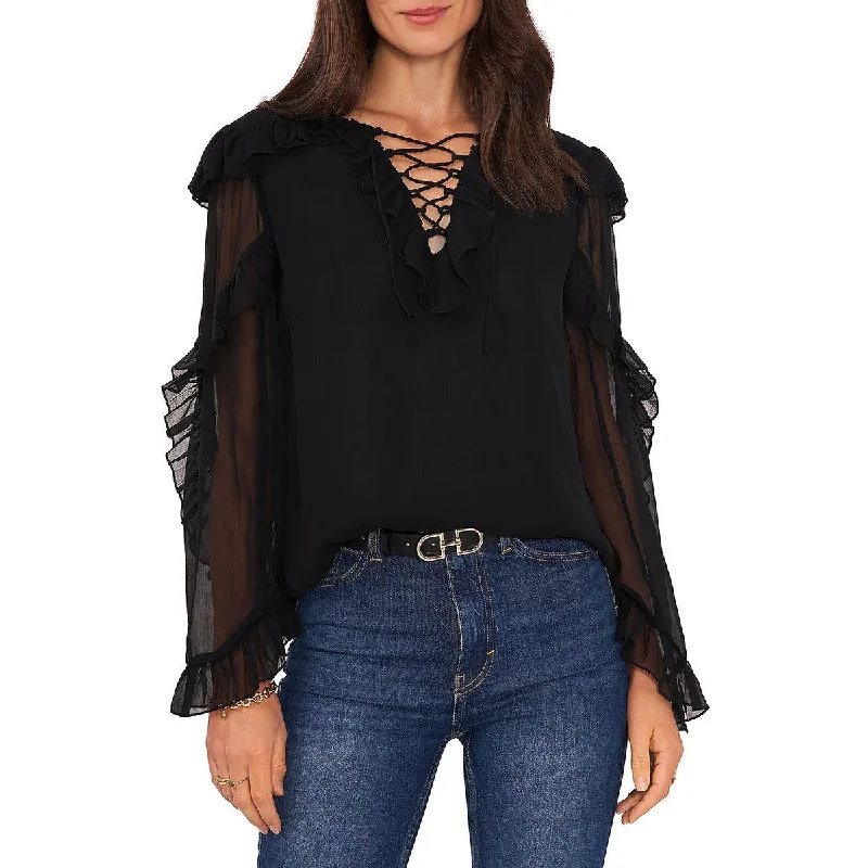 Vince Camuto Womens Ruffled Lace-Up Blouse Casual Relaxed Blouse