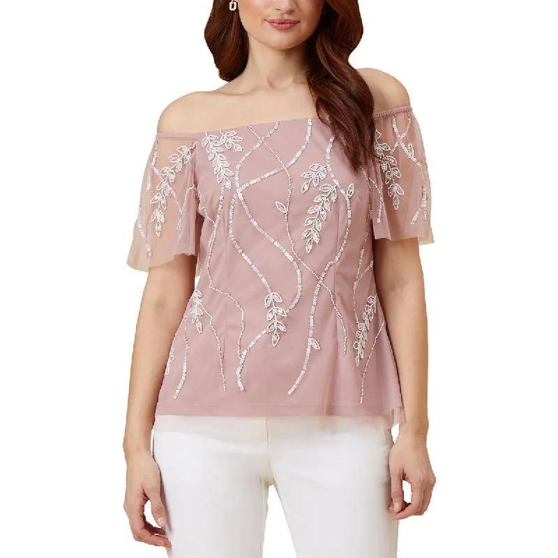 Adrianna Papell Womens Beaded Mesh Blouse Embellished Collar Blouse