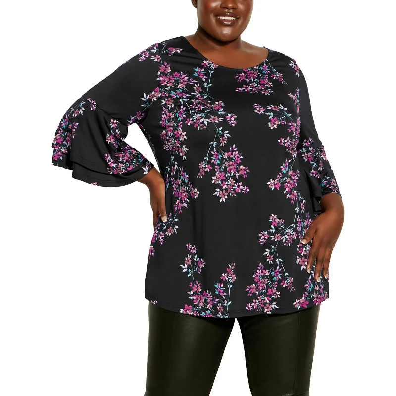 Arna York Womens Plus Belview Floral Print Bell Sleeve Blouse Smart Casual Blouse