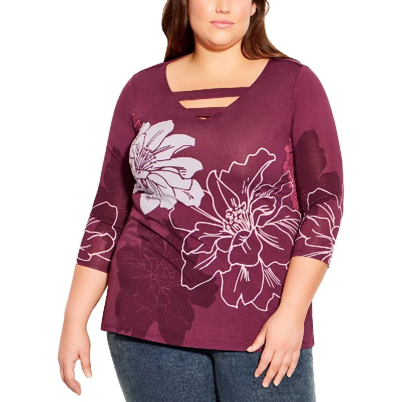 Avenue Womens Plus Floral V-Neck Blouse Subtle Shimmer Blouse
