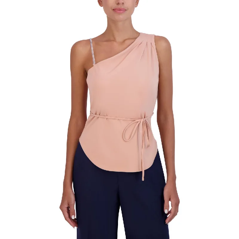 BCBGMAXAZRIA Women's Asymmetric Pleated Tie Waist Blouse with Chain Strap Casual Relaxed Fit Blouse