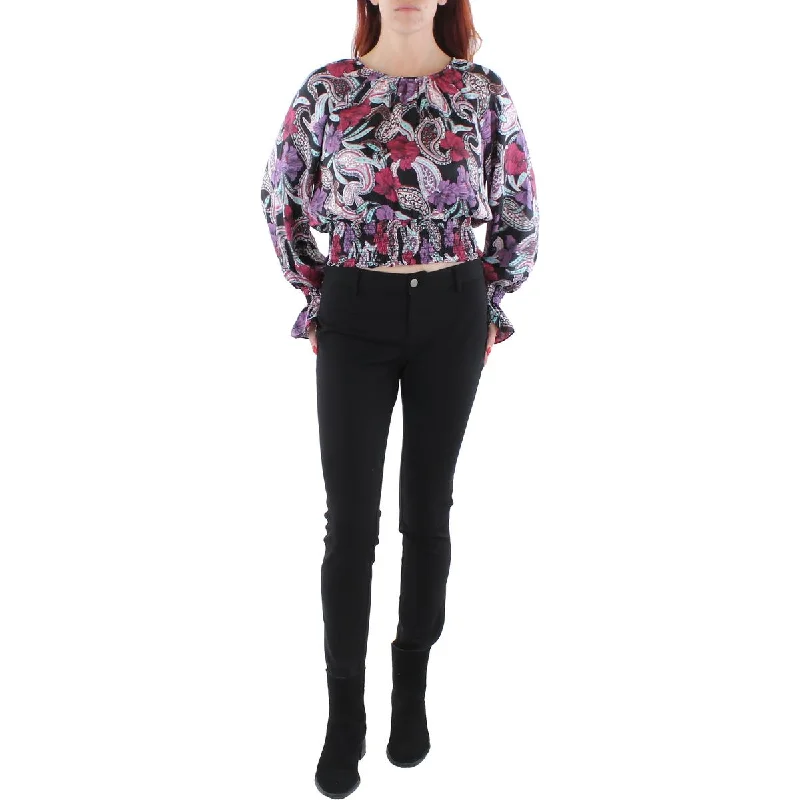 BCBGMAXAZRIA Women's Smocked Floral Print Flounce Sleeve Blouse Elegant Semi-Sheer Blouse
