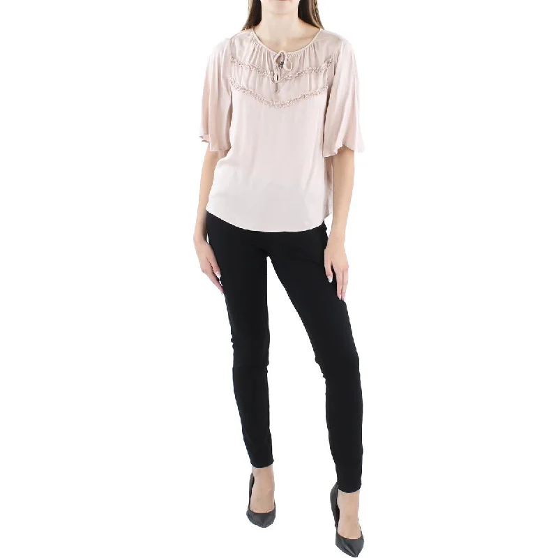 Belldini Womens Tie Neck Ruffled Blouse Satin Drape Blouse