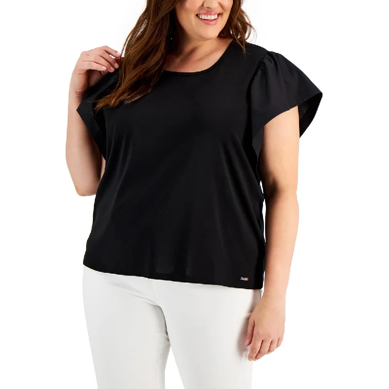 Calvin Klein Womens Plus Mixed Media Flutter Sleeves Blouse Asymmetric Hem Blouse