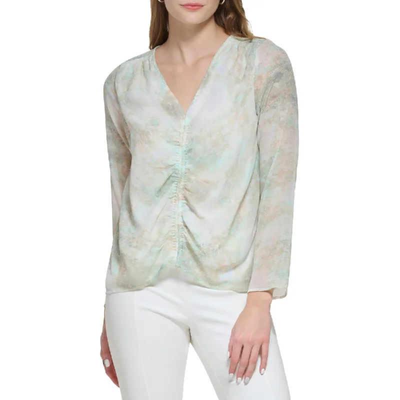 Calvin Klein Womens Ruched V-Neck Blouse Off-Shoulder Wrap Blouse