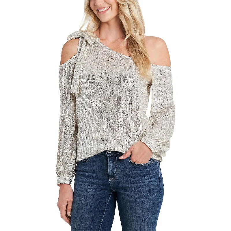 CeCe Womens Sequined One Shoulder Blouse Semi-Sheer Blouse