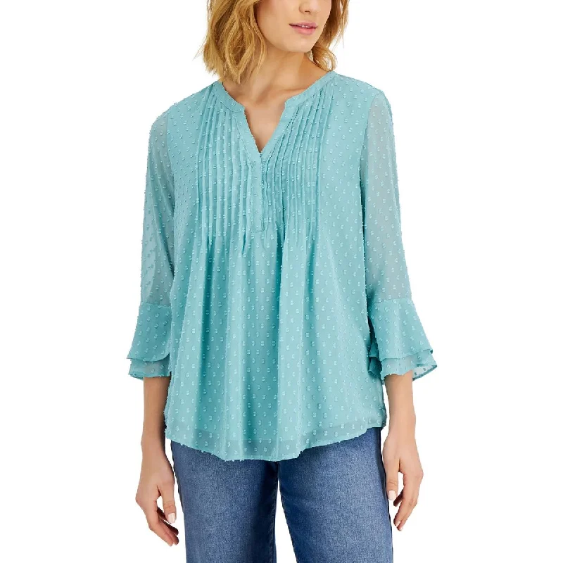 Charter Club Womens Petites Pintuck Split Neck Blouse Drape Neck Blouse