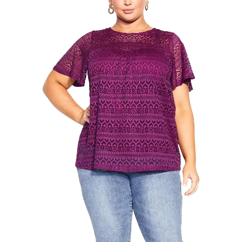 City Chic Womens Plus Lace Lined Blouse Bell Sleeve Blouse