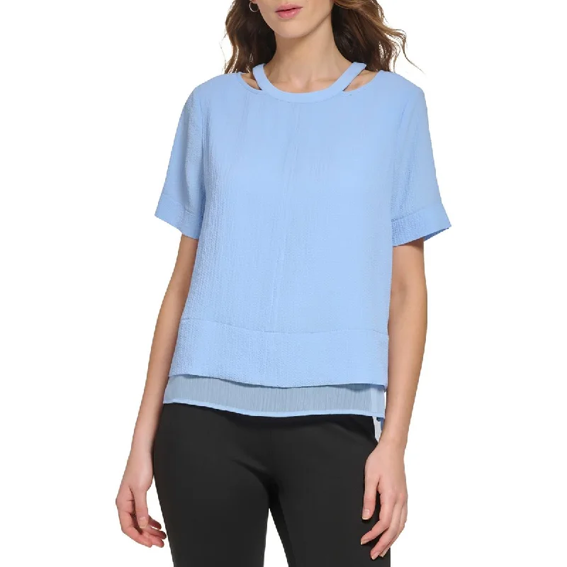 DKNY Womens Crinkle Cut-Out Blouse Elegant Lace Blouse