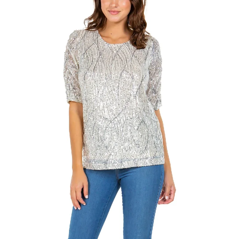 Fever Womens Sequined Lined Blouse Loose Fit Blouse