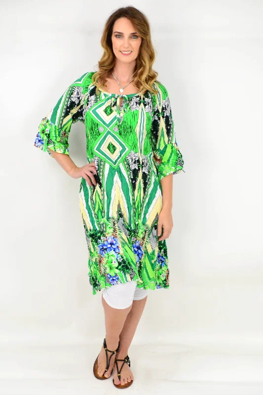Green Stripe Crinkle Tie Tunic Blouse Office Formal Blouse
