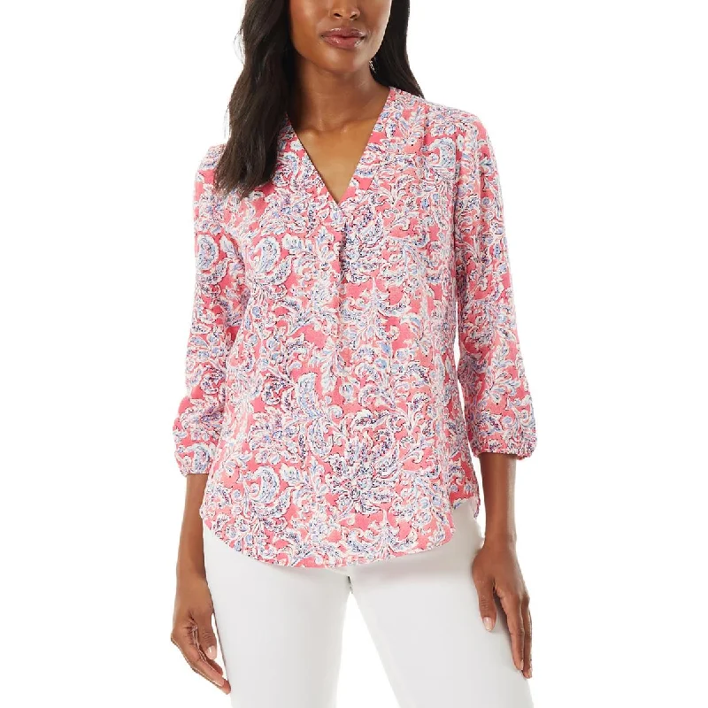 Jones New York Womens V-Neck Three-Quarter-Sleeves Blouse Boho Printed Blouse