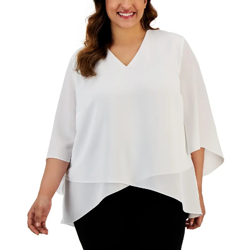 Kasper Womens Plus V-Neck Flutter Sleeve Blouse Subtle Shimmer Blouse
