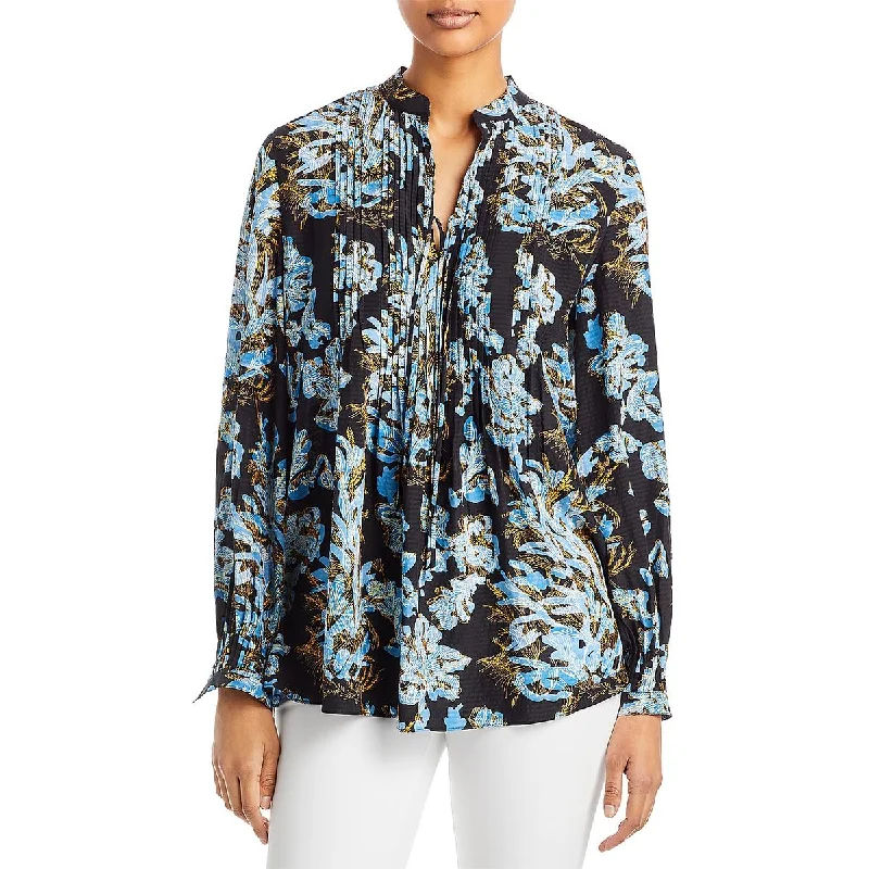Lafayette 148 New York Womens Pintuck Floral Print Blouse Satin Drape Blouse