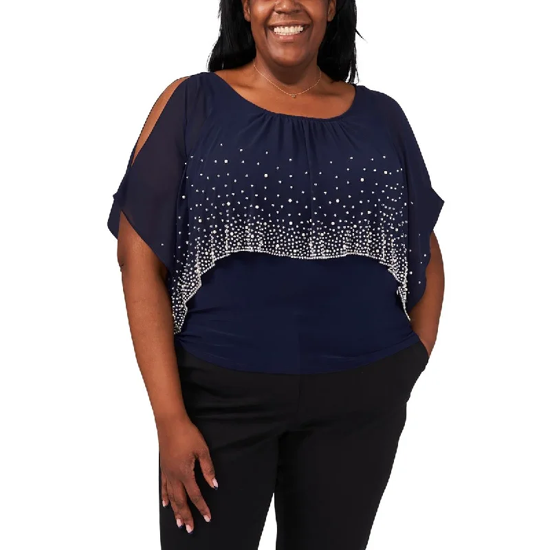 MSK Womens Plus Embellished Cold Shoulder Blouse Pleated Collar Blouse