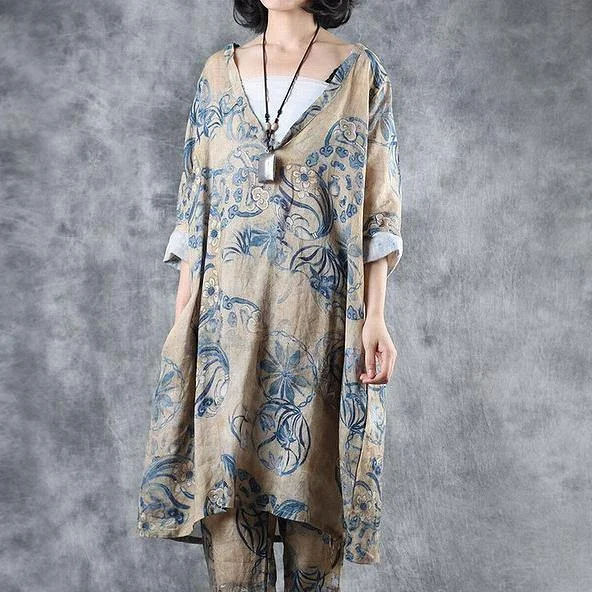 Natural linen clothes Fitted Chinese Style Printed V-Neck Loose Blouse Satin Long Blouse