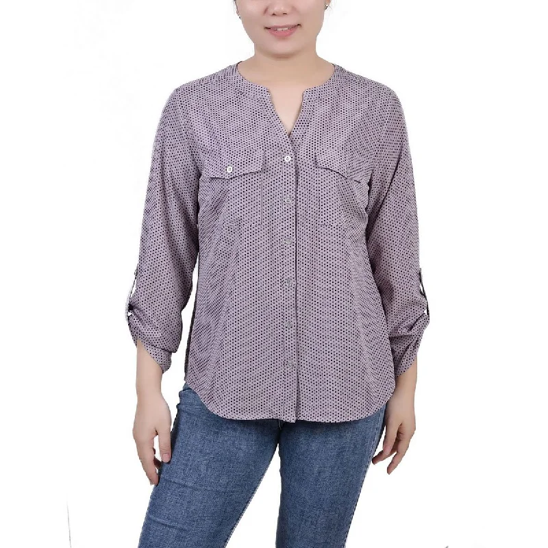 NY Collection Womens Petites Button-Front Long Sleeve Blouse Classic Minimalist Blouse