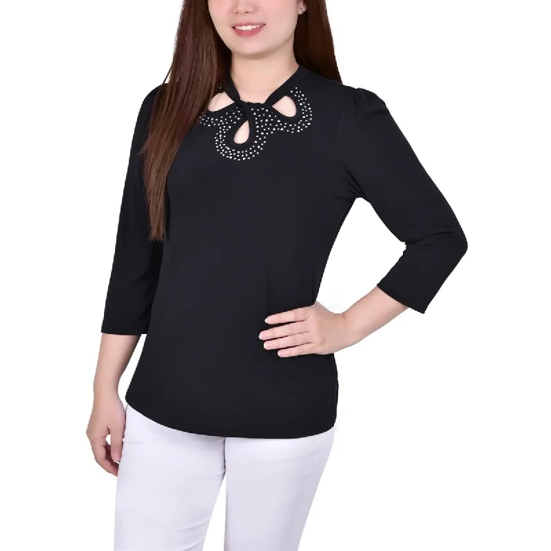 NY Collection Womens Petites Embellished Twist-Neck Blouse Pastel Color Blouse