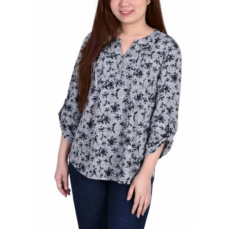 NY Collection Womens Petites Floral Print Polyester Blouse Satin Long Blouse