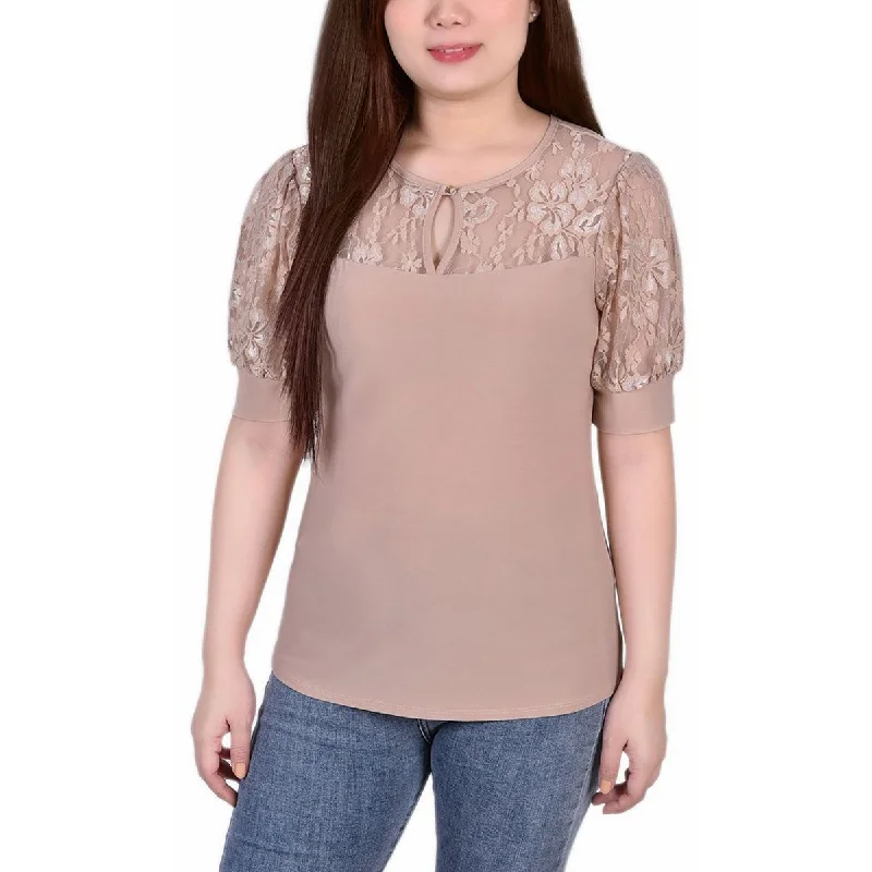 NY Collection Womens Petites Keyhole Lace Trim Blouse Stylish Wrap Blouse