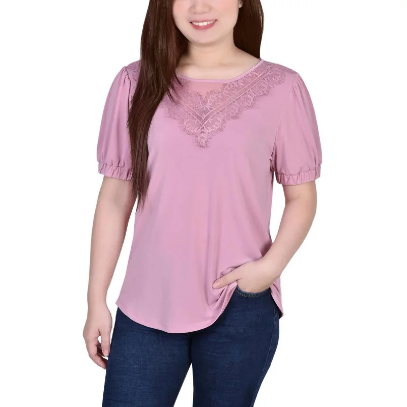 NY Collection Womens Petites Lace Neckline Puff Sleeve Blouse Vintage Polka Blouse
