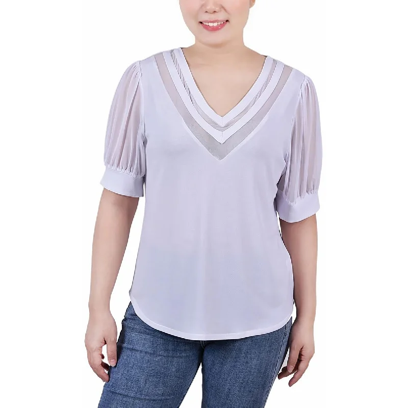 NY Collection Womens Petites Mesh Inset V-Neck Blouse Cotton Casual Blouse