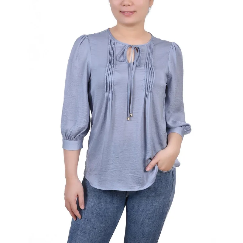 NY Collection Womens Petites Pleated Front V-Neck Blouse Vintage Polka Blouse