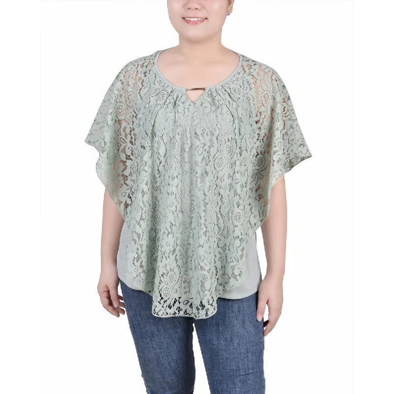 NY Collection Womens Petites Poncho Sleeve Lace Overlay Blouse Boho Chic Blouse